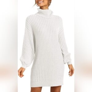 ANRABESS Womens Sweater Dress Turtleneck Lantern Sleeve Casual White Size M NWT